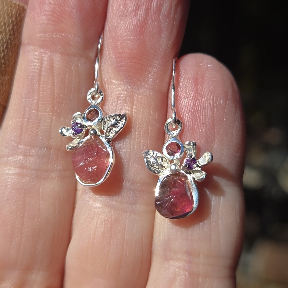 HOST PICK🎉🎊Pink Tourmaline Rhodalite & Amethyst Sterling & White Gold Earrings - Picture 5 of 11
